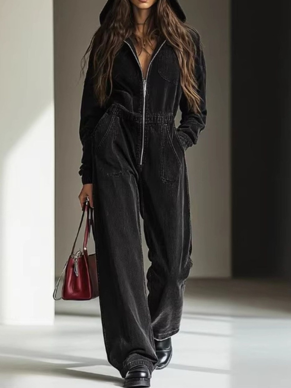 Zip Front Wide Leg Hooded Denim Jumpsuit